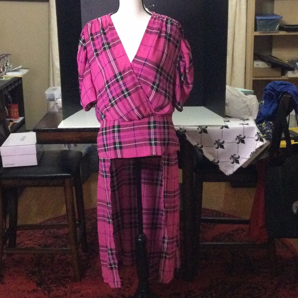 Pink & Black Plaid High/Low Blouse with Cross Vneck, Peplum & Tie Back